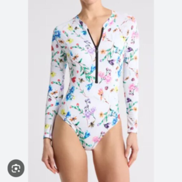 Betsey Johnson Floral Long Sleeve Rashguard Swimsuit Zip Front NWT Medium - Picture 7 of 7